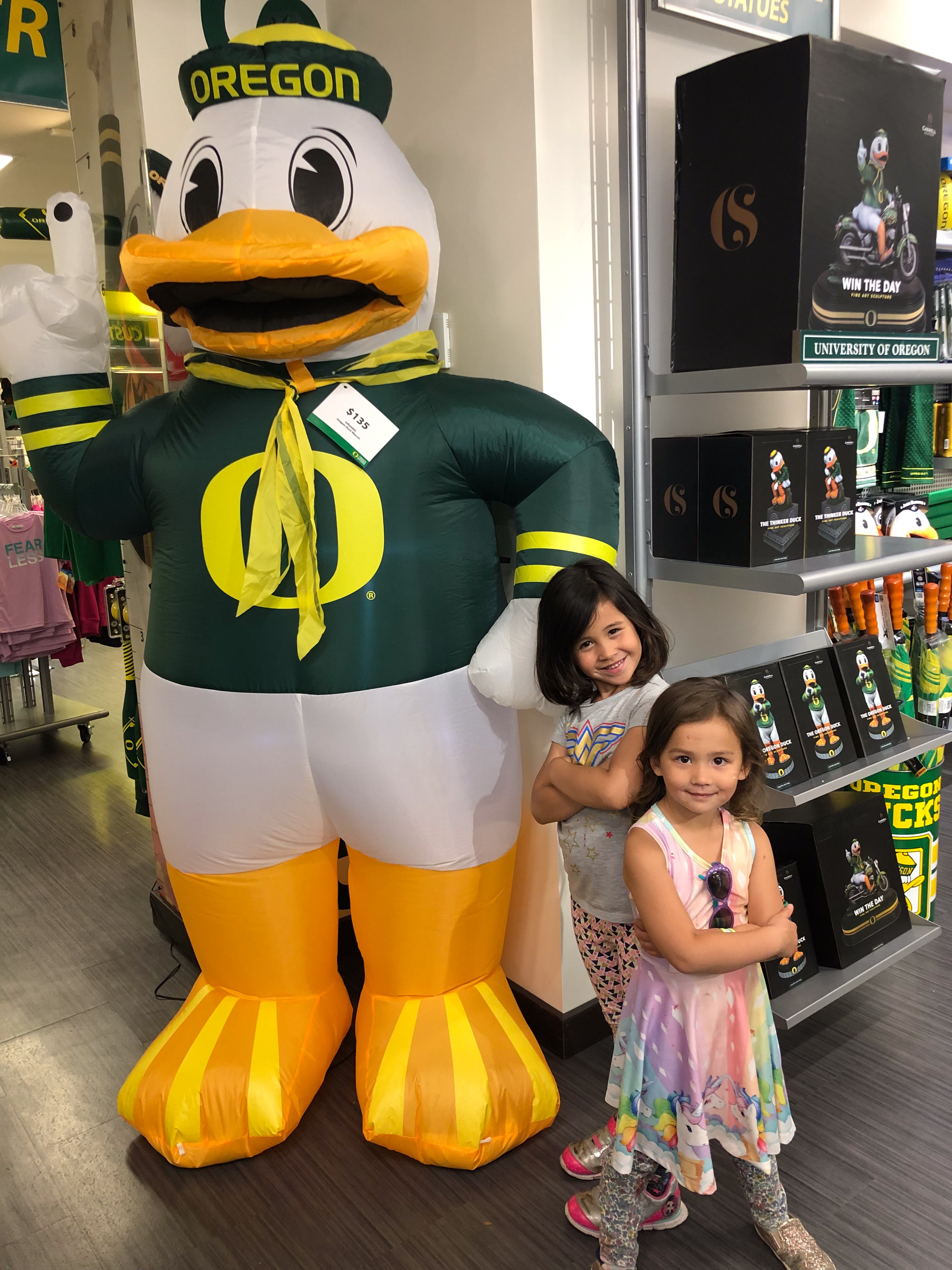 Cissy Jones's two kids with an inflatable of the Duck